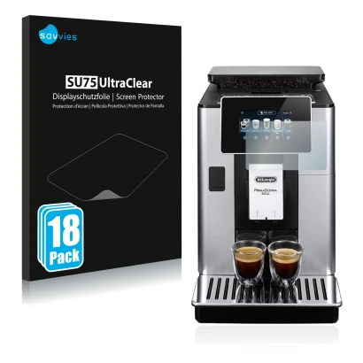 Parte frontal de un envase de producto con el logotipo de la marca Savvies. Al lado se muestra el dispositivo DeLonghi PrimaDo