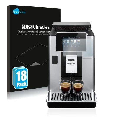 Parte frontal de un envase de producto con el logotipo de la marca Savvies. Al lado se muestra el dispositivo DeLonghi PrimaDo