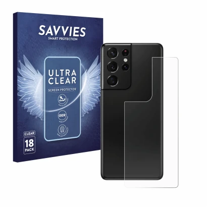 Parte frontal de un envase de producto con el logotipo de la marca Savvies. Al lado se muestra el dispositivo Samsung Galaxy S