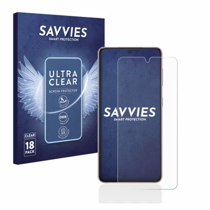 Parte frontal de un envase de producto con el logotipo de la marca Savvies. Al lado se muestra el dispositivo Samsung Galaxy S