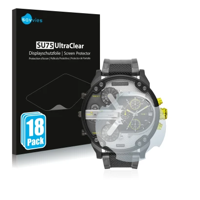 Parte frontal de un envase de producto con el logotipo de la marca Savvies. Al lado se muestra el dispositivo Diesel DZ7422 Mr