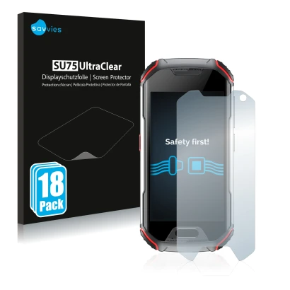 Parte frontal de un envase de producto con el logotipo de la marca Savvies. Al lado se muestra el dispositivo Unihertz Atom XL