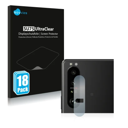 Parte frontal de un envase de producto con el logotipo de la marca Savvies. Al lado se muestra el dispositivo Sony Xperia 1 II