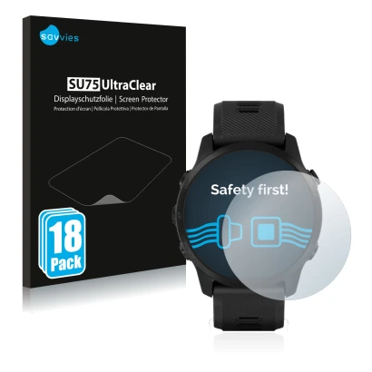 Parte frontal de un envase de producto con el logotipo de la marca Savvies. Al lado se muestra el dispositivo Garmin Forerunne