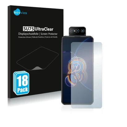 Parte frontal de un envase de producto con el logotipo de la marca Savvies. Al lado se muestra el dispositivo ASUS ZenFone 8 F