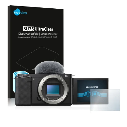 Parte frontal de un envase de producto con el logotipo de la marca Savvies. Al lado se muestra el dispositivo Sony Alpha ZV-E1