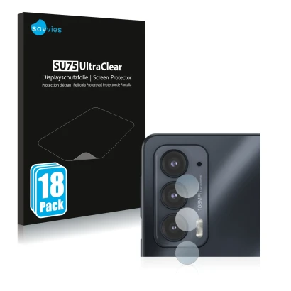 Parte frontal de un envase de producto con el logotipo de la marca Savvies. Al lado se muestra el dispositivo Motorola Edge 20