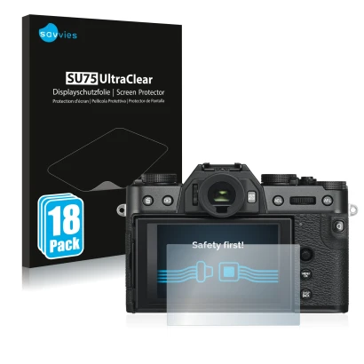 Parte frontal de un envase de producto con el logotipo de la marca Savvies. Al lado se muestra el dispositivo Fujifilm X-T30 l