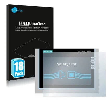 Parte frontal de un envase de producto con el logotipo de la marca Savvies. Al lado se muestra el dispositivo Siemens Simatic 