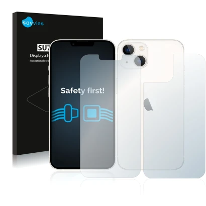 Parte frontal de un envase de producto con el logotipo de la marca Savvies. Al lado se muestra el dispositivo Apple iPhone 13 