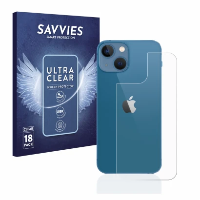 Parte frontal de un envase de producto con el logotipo de la marca Savvies. Al lado se muestra el dispositivo Apple iPhone 13 