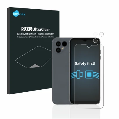 Parte frontal de un envase de producto con el logotipo de la marca Savvies. Al lado se muestra el dispositivo Fairphone 4 (Fro