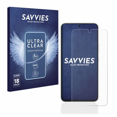 Parte frontal de un envase de producto con el logotipo de la marca Savvies. Al lado se muestra el dispositivo Samsung Galaxy S