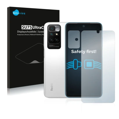 Parte frontal de un envase de producto con el logotipo de la marca Savvies. Al lado se muestra el dispositivo Xiaomi Redmi 10 