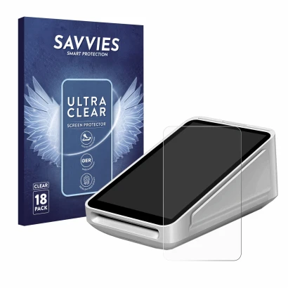 Parte frontal de un envase de producto con el logotipo de la marca Savvies. Al lado se muestra el dispositivo Square Terminal 