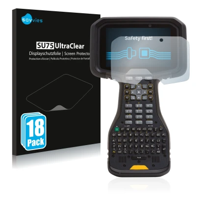Parte frontal de un envase de producto con el logotipo de la marca Savvies. Al lado se muestra el dispositivo Trimble TSC5 con