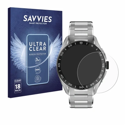 Parte frontal de un envase de producto con el logotipo de la marca Savvies. Al lado se muestra el dispositivo TAG Heuer Connec