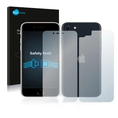 Parte frontal de un envase de producto con el logotipo de la marca Savvies. Al lado se muestra el dispositivo Apple iPhone SE 