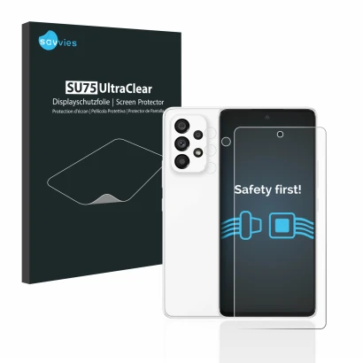 Parte frontal de un envase de producto con el logotipo de la marca Savvies. Al lado se muestra el dispositivo Samsung Galaxy A