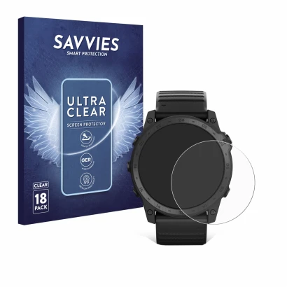 Parte frontal de un envase de producto con el logotipo de la marca Savvies. Al lado se muestra el dispositivo Garmin Tactix 7 