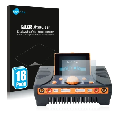 Parte frontal de un envase de producto con el logotipo de la marca Savvies. Al lado se muestra el dispositivo Junsi iCharger 4