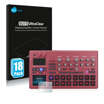 Parte frontal de un envase de producto con el logotipo de la marca Savvies. Al lado se muestra el dispositivo KORG electribe S