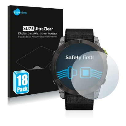 Parte frontal de un envase de producto con el logotipo de la marca Savvies. Al lado se muestra el dispositivo Garmin Enduro 2 