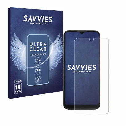 Parte frontal de un envase de producto con el logotipo de la marca Savvies. Al lado se muestra el dispositivo Doro 8100 con su