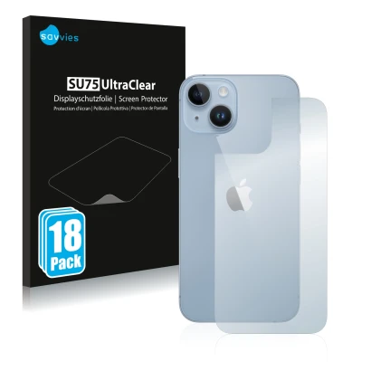 Parte frontal de un envase de producto con el logotipo de la marca Savvies. Al lado se muestra el dispositivo Apple iPhone 14 