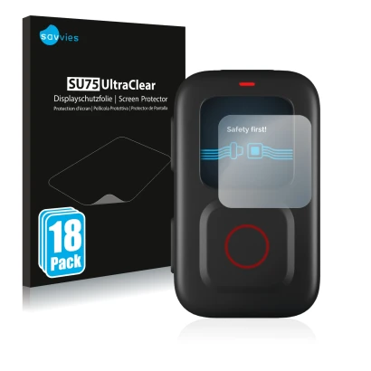 Parte frontal de un envase de producto con el logotipo de la marca Savvies. Al lado se muestra el dispositivo GoPro Remote con