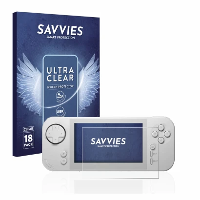 Parte frontal de un envase de producto con el logotipo de la marca Savvies. Al lado se muestra el dispositivo Evercade EXP con