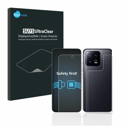 Parte frontal de un envase de producto con el logotipo de la marca Savvies. Al lado se muestra el dispositivo Xiaomi 13 (Front