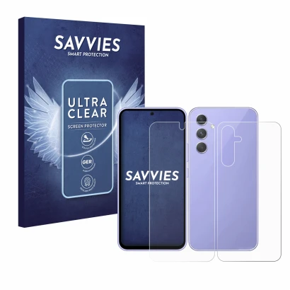 Parte frontal de un envase de producto con el logotipo de la marca Savvies. Al lado se muestra el dispositivo Samsung Galaxy A