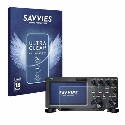 Parte frontal de un envase de producto con el logotipo de la marca Savvies. Al lado se muestra el dispositivo FlexRadio Maestr