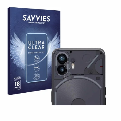 Parte frontal de un envase de producto con el logotipo de la marca Savvies. Al lado se muestra el dispositivo Nothing Phone (2