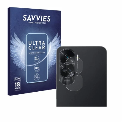 Parte frontal de un envase de producto con el logotipo de la marca Savvies. Al lado se muestra el dispositivo Honor 90 Lite (S