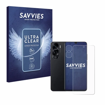 Parte frontal de un envase de producto con el logotipo de la marca Savvies. Al lado se muestra el dispositivo Honor 90 Lite (F