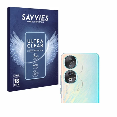 Parte frontal de un envase de producto con el logotipo de la marca Savvies. Al lado se muestra el dispositivo Honor 90 (SÓLO C