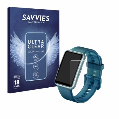 Parte frontal de un envase de producto con el logotipo de la marca Savvies. Al lado se muestra el dispositivo Huawei Watch Fit