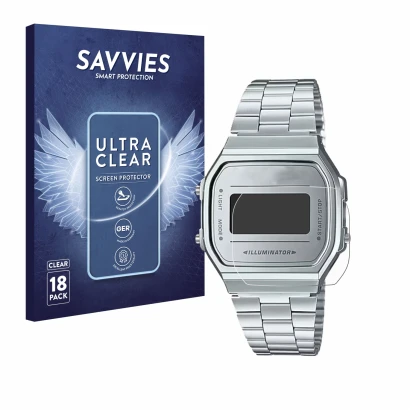 Parte frontal de un envase de producto con el logotipo de la marca Savvies. Al lado se muestra el dispositivo Casio A168WEM-7E