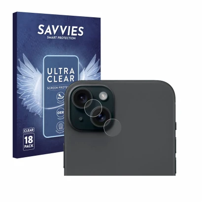 Parte frontal de un envase de producto con el logotipo de la marca Savvies. Al lado se muestra el dispositivo Apple iPhone 15 