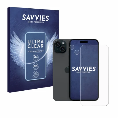 Parte frontal de un envase de producto con el logotipo de la marca Savvies. Al lado se muestra el dispositivo Apple iPhone 15 