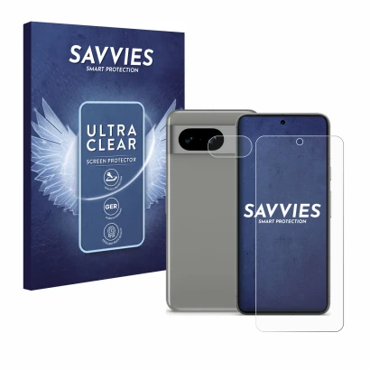 Parte frontal de un envase de producto con el logotipo de la marca Savvies. Al lado se muestra el dispositivo Google Pixel 8 (