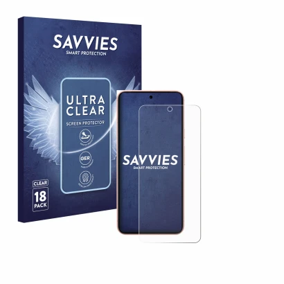 Parte frontal de un envase de producto con el logotipo de la marca Savvies. Al lado se muestra el dispositivo Google Pixel 8 (