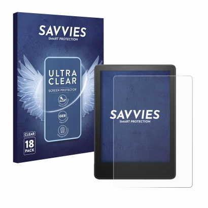 Parte frontal de un envase de producto con el logotipo de la marca Savvies. Al lado se muestra el dispositivo Amazon Kindle Pa