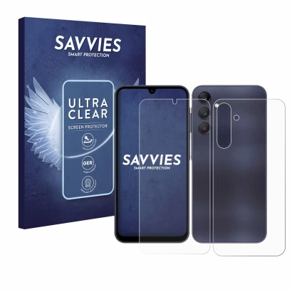 Parte frontal de un envase de producto con el logotipo de la marca Savvies. Al lado se muestra el dispositivo Samsung Galaxy A
