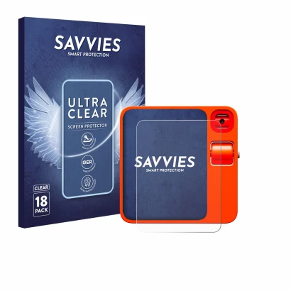 Parte frontal de un envase de producto con el logotipo de la marca Savvies. Al lado se muestra el dispositivo rabbit r1 con su