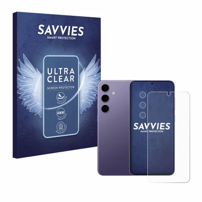Parte frontal de un envase de producto con el logotipo de la marca Savvies. Al lado se muestra el dispositivo Samsung Galaxy S