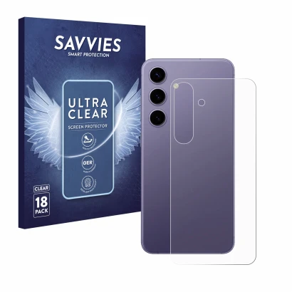 Parte frontal de un envase de producto con el logotipo de la marca Savvies. Al lado se muestra el dispositivo Samsung Galaxy S