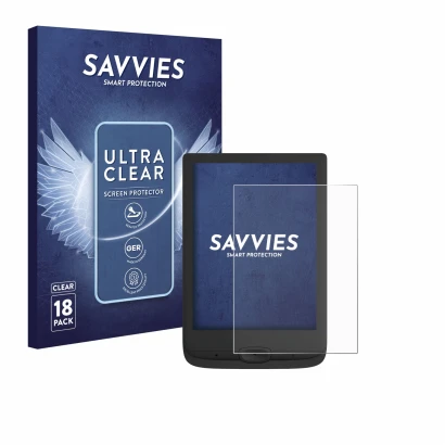 Parte frontal de un envase de producto con el logotipo de la marca Savvies. Al lado se muestra el dispositivo PocketBook Basic